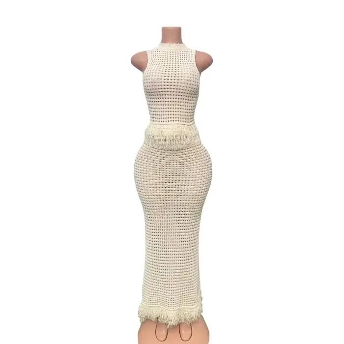 Ensemble 2 pièces en crochet pour femme, style plage d'été, comprenant un haut sans manches ajouré à