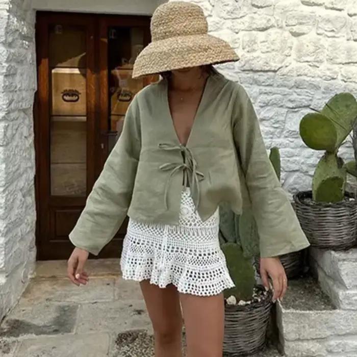 ALOBEE-Chemise à manches longues évasées pour femme, élégante, confortable, à lacets, loisirs, nœud,