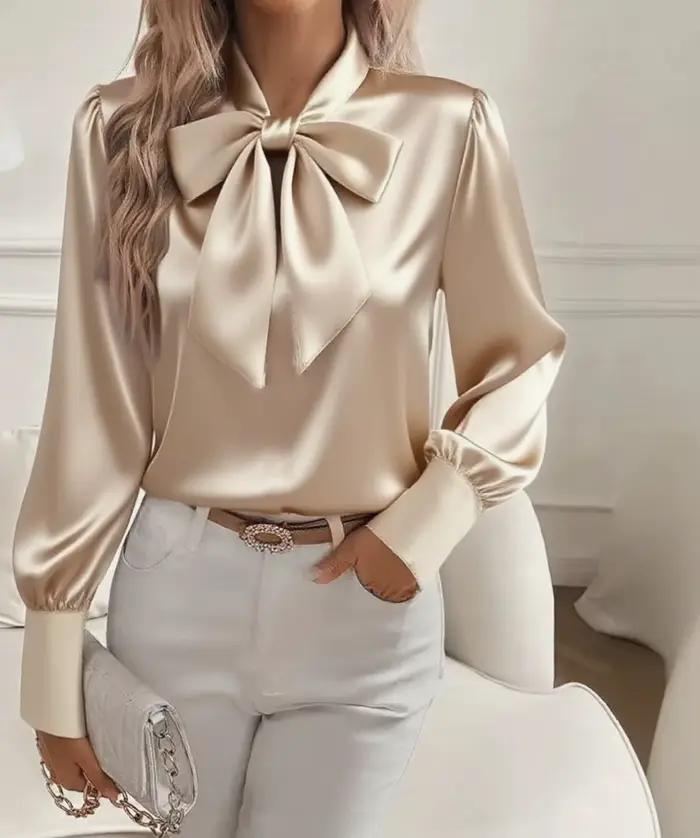 Chemisier femme 2026 décontracté été automne à manches longues, nœud en satin, couleur unie, manches