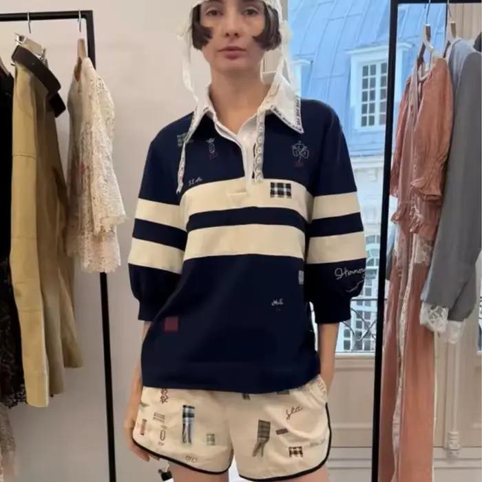 Chemise rayée bleue pour femmes, chemise décontractée à manches mi-longues en coton, chemise d'été d