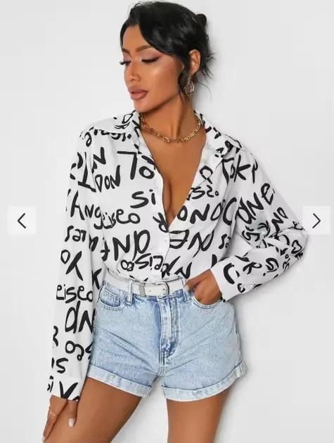 Chemise à manches longues boutonnée sur le devant pour femme, haut décontracté, lettre imprimée, pri