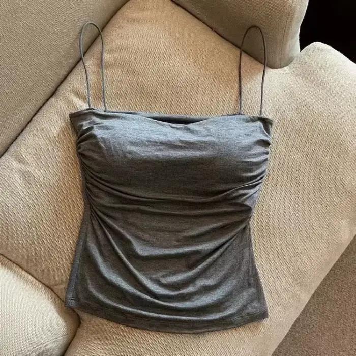 Gilet plissé sans manches pour femmes, Slim Fit, Sexy, haut court avec fines bretelles, couleur unie