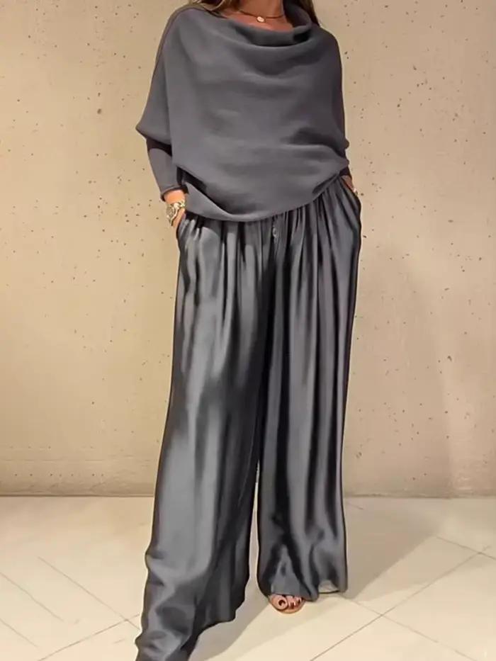 Ensemble décontracté deux pièces pour femme : Blouse ample à col bateau et manches longues avec patc