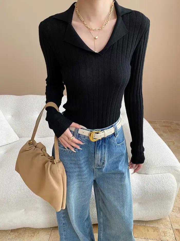 Pull décontracté à manches longues et revers de couleur unie