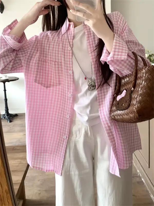 Chemise à carreaux pour femme, coupe ample, manches longues, poche poitrine, boutonnée, tenue décont