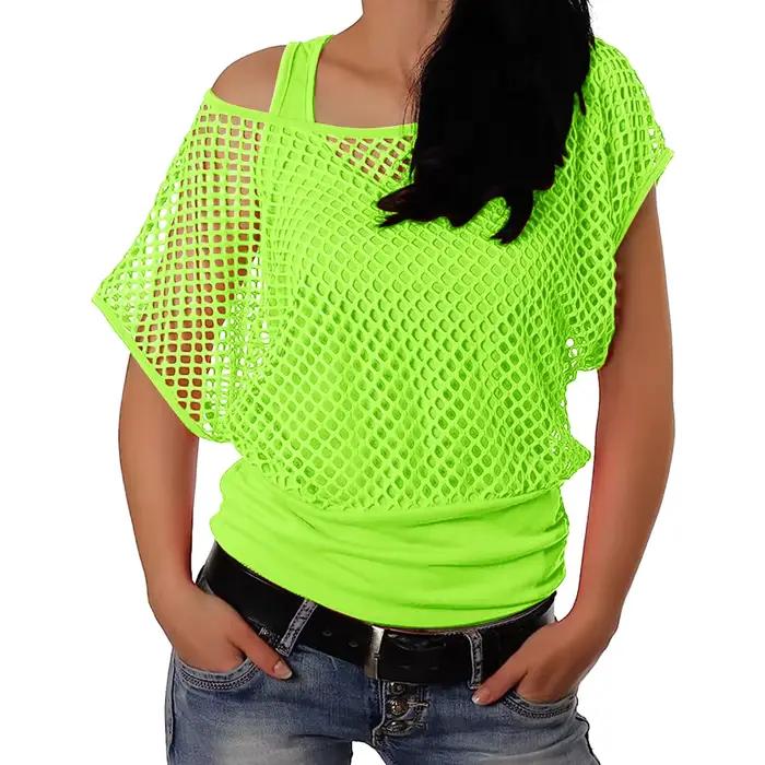 Femmes années 80 Disco néon résille t-shirts hauts à manches courtes évider maille haut court Sexy P