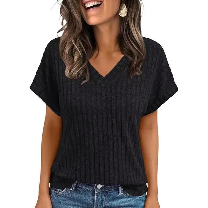 Vêtements pour femmes Europe amérique tout-match tricot T-shirt été 2025 nouveau décontracté col en 