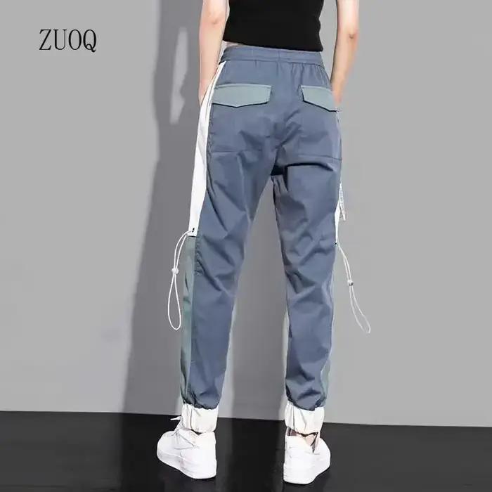 Nouveau grandes poches Cargo pantalon femmes longueur cheville taille haute cordon ample Streetwear 