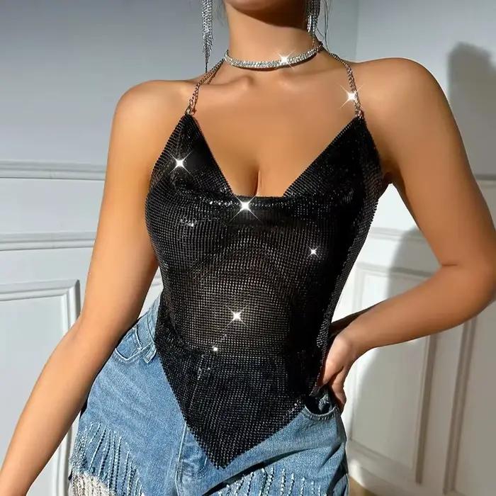 Débardeur scintillant pour femme, dos nu, avec sequins métalliques, pour l'été, la plage, les clubs,