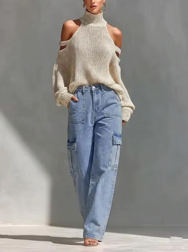 Jeans de travail multi-poches à taille haute pour femmes