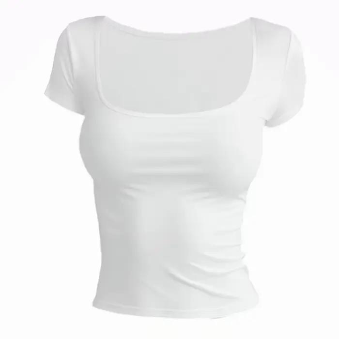 T-shirt à manches courtes pour femmes, couleur unie, col carré élastique, coupe slim, hauts sexy, st