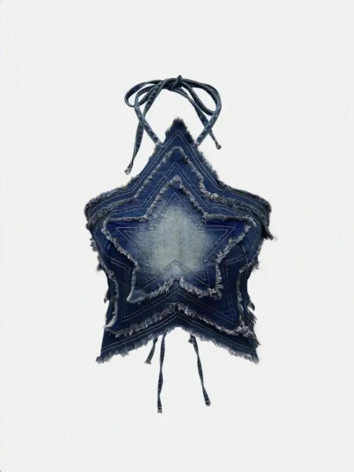Top Halter en Denim Dégradé Style Rétro Américain, Tendance et Cool, Ambiance Sexy Garantie, Coupe A