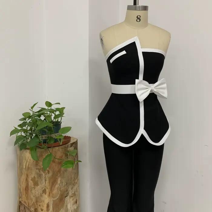 Haut bandage patchwork sans bretelles pour femme, débardeur à nœud noir et blanc, streetwear court, 