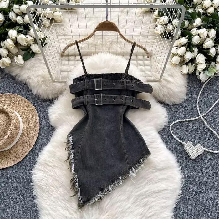 Haut court en Denim bleu pour femmes, Corset de Cowboy esthétique, gilet sans manches, épaules dénud