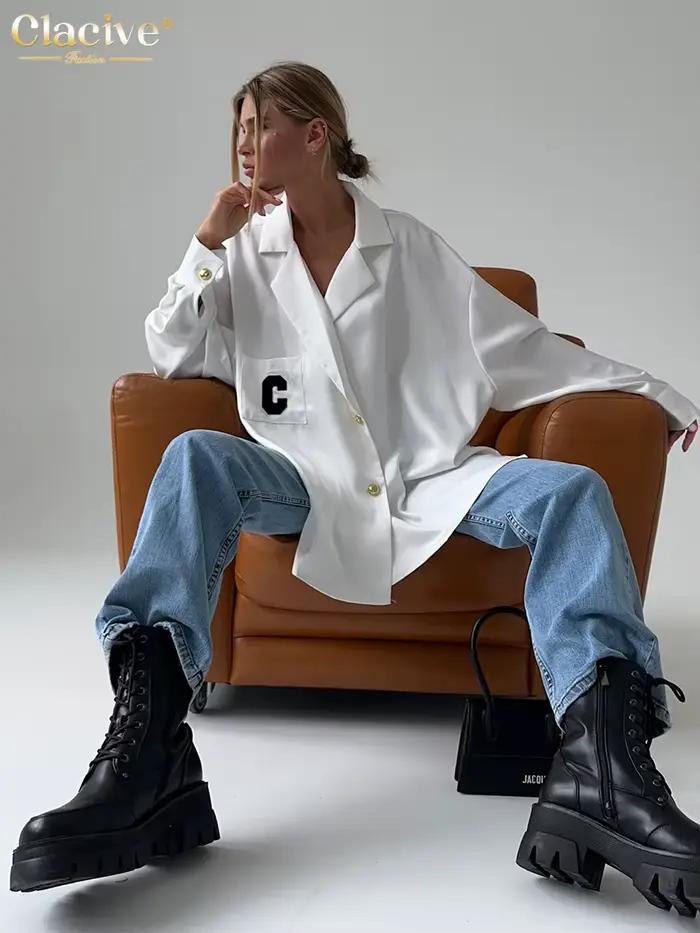 ClacMarkets-Chemisier Élégant à Manches sulfpour Femme, Vêtement de Bureau Blanc, Décontracté, à Rev