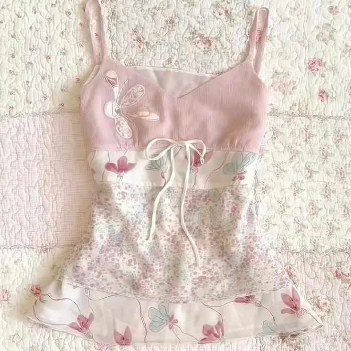 Haut à bretelles pour femmes, imprimé floral rose, nouveau design d'été, élégant, vintage, polyvalen