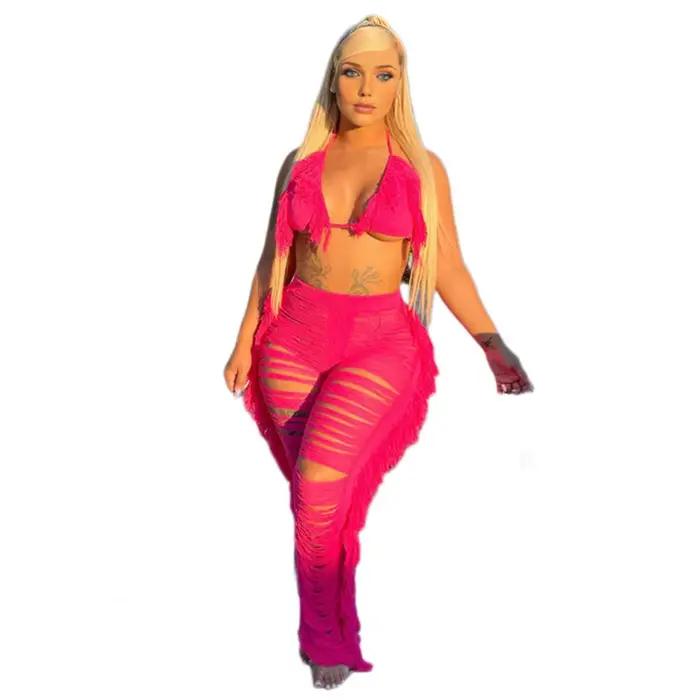 Ensemble haut court et pantalon à franges pour femme, col licou, détails pompons, vacances à la plag