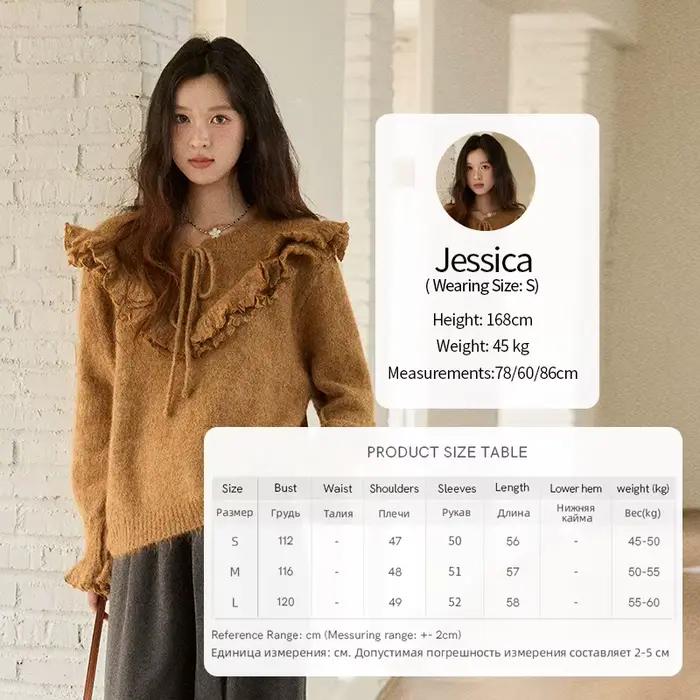 MISHOW femme marron pull 2025 hiver rétro doux à volants col en v dentelle pulls ample décontracté à