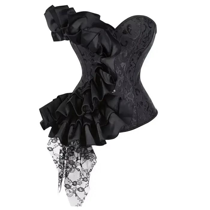 Corset en brocart noir pour femme, bustiers cochon bust, sexy, à volants, à lacets floraux, lingerie