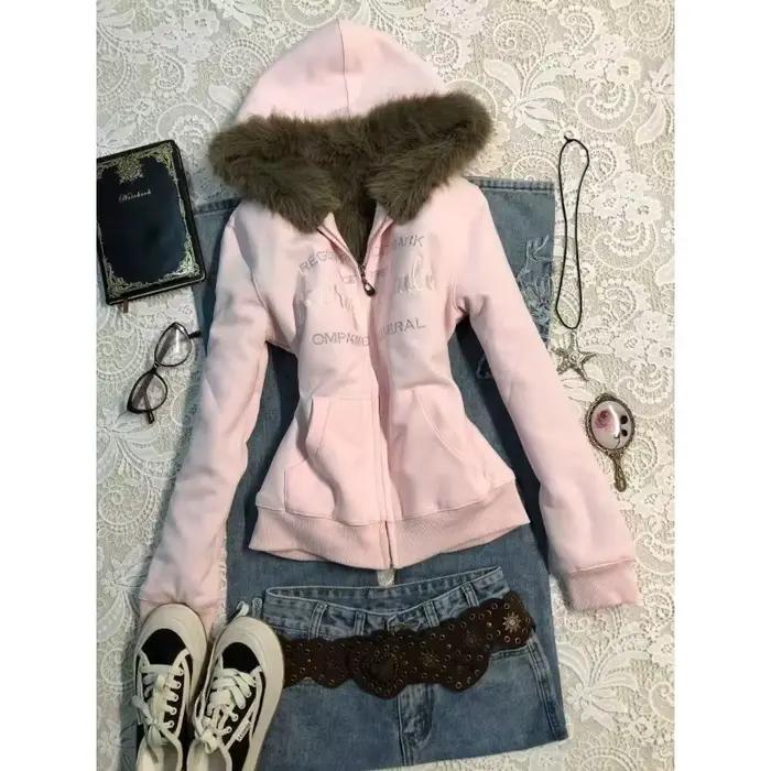 High Street esthétique Design Sense Niche américain Vintage rose velours chaud veste à capuche hiver