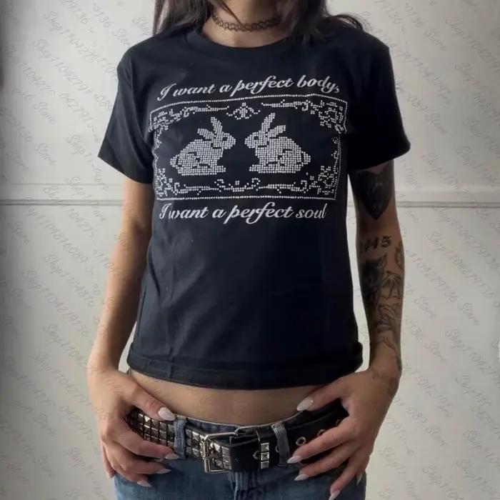 T-shirts imprimés lettres style punk pour femmes, coupe slim, style street punk, grunge, E-Girl, tra