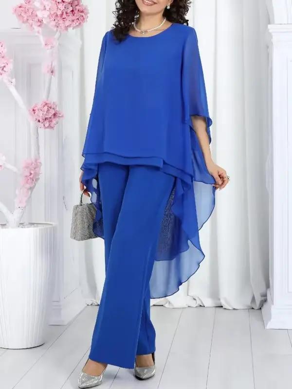 Ensemble haut en mousseline de soie pour femmes, ensemble 2 pièces, manches trois quarts, col rond, 