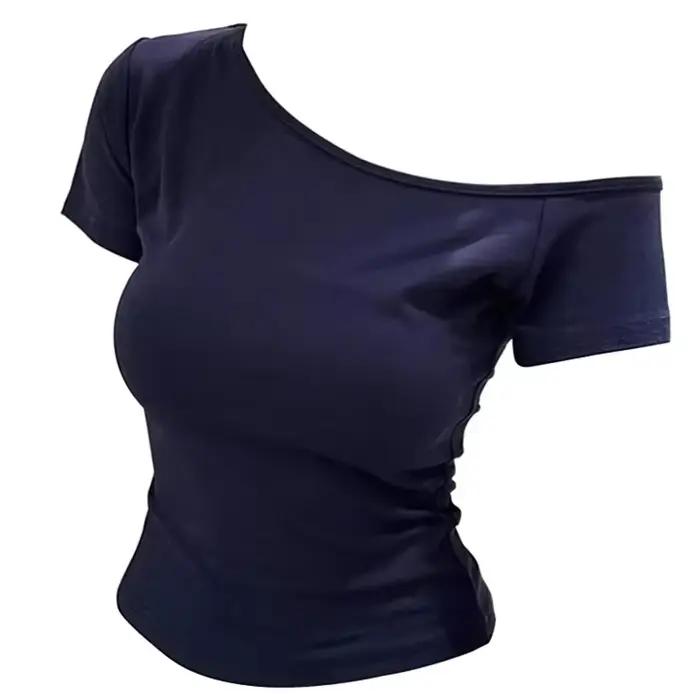 Bleu marine épaules dénudées à manches courtes t-shirt femmes coupe ajustée corps haut d'été femme S