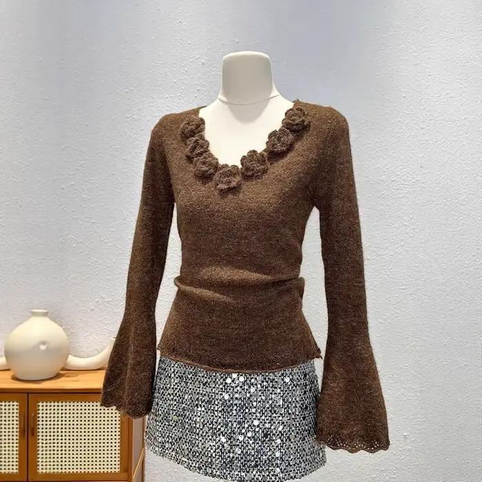 Pull-over Chic à Manches Longues Couleur Unie pour Femme, Col en V Fait Main à Motifs Floraux, Coupe