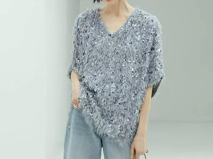 Pull en maille à sequins et pompons, haut tendance et élégant, nouveauté printemps-automne