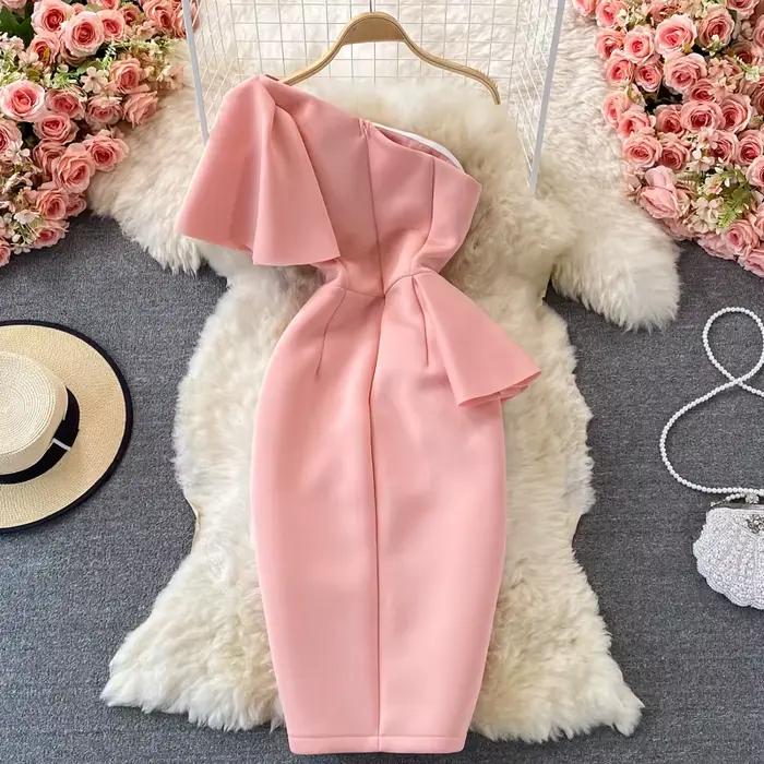 Amolapha-Robe fourreau à une épaule pour femme, tenue de soirée, à volants, couleur unie, extensible