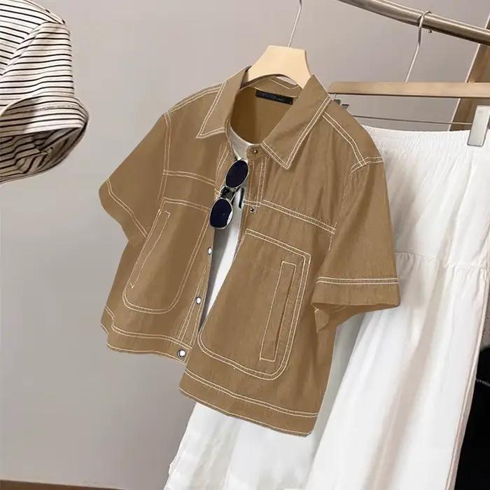 ZANZEA femmes Denim-like contraste-point chemises mode col rabattu manches courtes boutonné chemise 