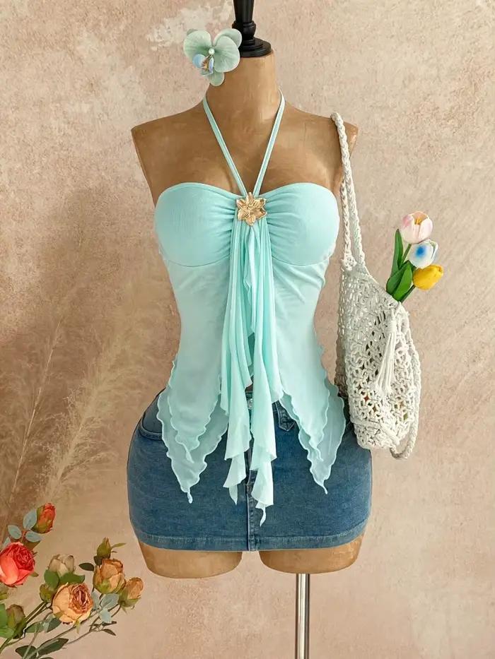 Top court bleu pour femme, col halter, style décontracté d'été, sexy, style Y2K, détails floraux, pl