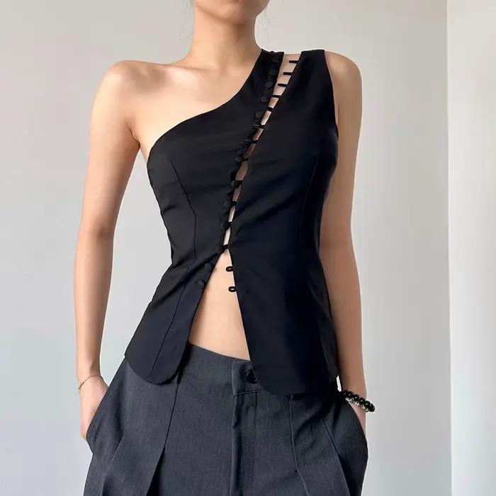 Haut asymétrique élégant cryptographique avec crochet et oeil, mode Sexy découpé, dos nu, hauts fend
