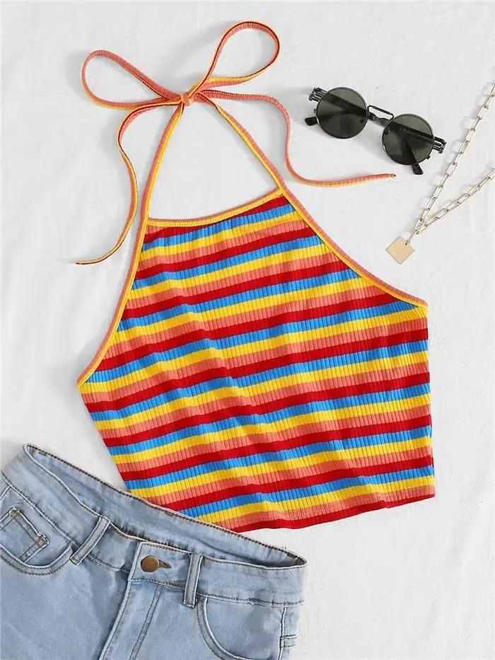 Haut court en tricot côtelé à rayures arc-en-ciel pour femmes, vêtements d'été Y2K, haut caraco dos 