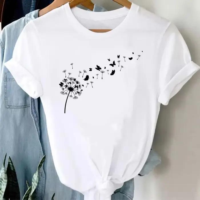 T-shirt à manches courtes pour femme avec imprimé graphique de pissenlit, vêtements imprimés pour fe