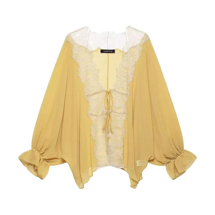 HH Blouse en mousseline de soie à dentelle bohème pour femme, col en V, à nouer devant, manches long