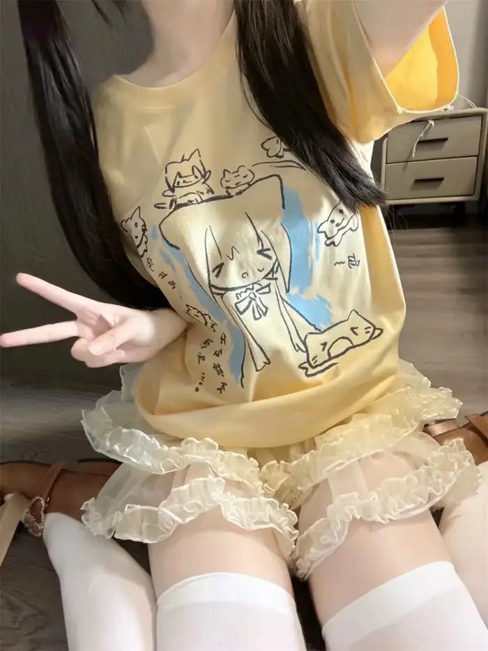 T-shirt décontracté Y2K esthétique grunge pour femme, imprimé dessin animé japonais, style E-girl Fa