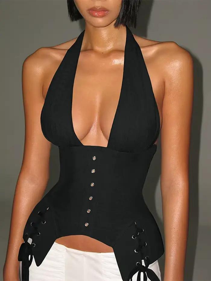 Haut Corset Halter Femme Effet Bandage, Ajusté à la Taille, à Baleines, Décolleté en V Profond, Sans