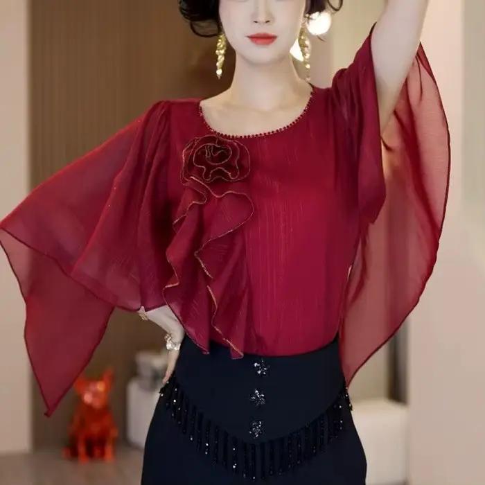 2025 nouvelle chemise en mousseline de soie à sept manches femmes été manches chauve-souris haut ten