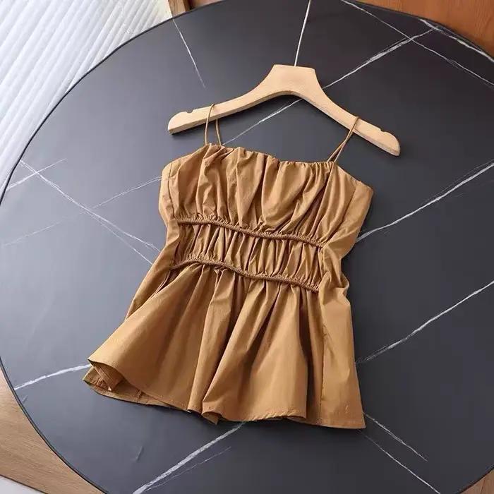 Haut de pyjama marron froncé pour femme – Blouse décontractée sans manches en coton pour l'été
