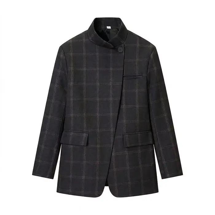 HH 2026 Blazer à carreaux printemps pour femme, élégant, col montant, simple boutonnage, style taill