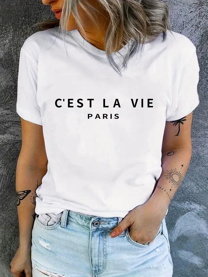 T-shirt à col rond imprimé Paris, T-shirt décontracté à manches courtes pour le printemps et l'été, 