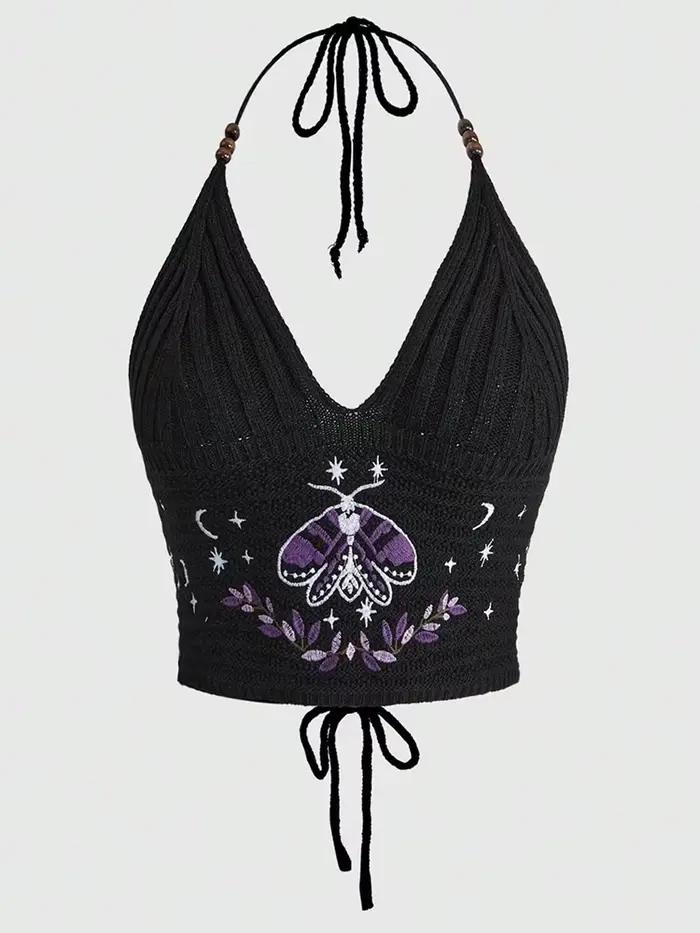 Haut Halter Bohème Femme Printemps-Été en Tricot Perlé Motif Céleste avec Soleil, Lune, Étoile et Pa