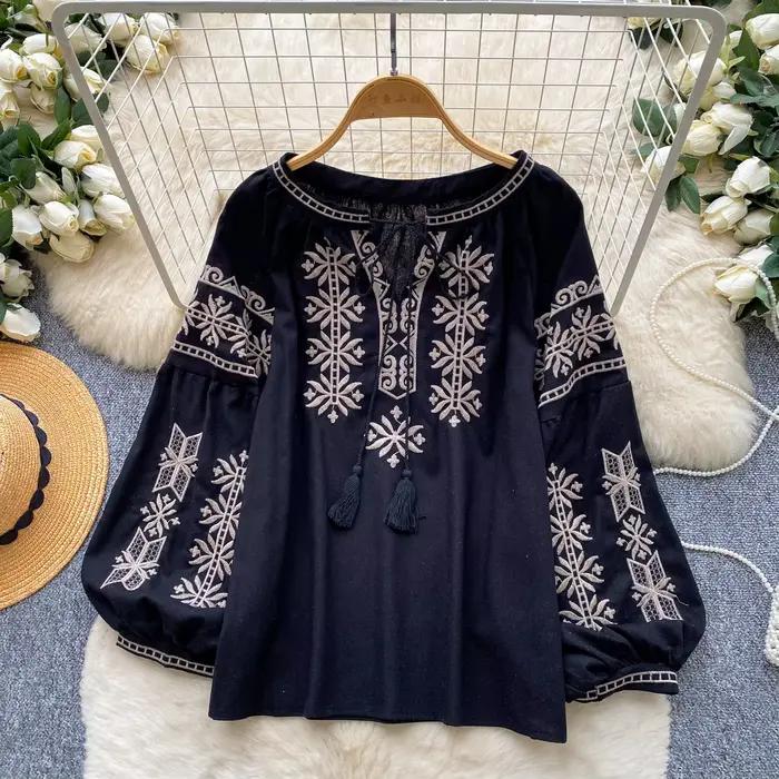 Chemisier bohème pour femmes, chemise ample en coton brodé à manches longues, poignets à nouer et ma