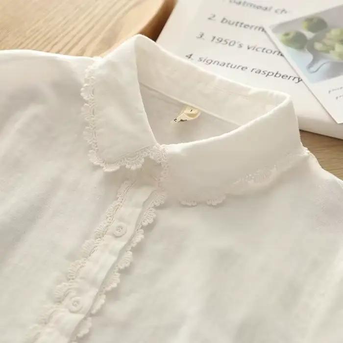 Chemise en fil de coton à manches longues pour femmes, chemisiers décontractés, dentelle à revers, b