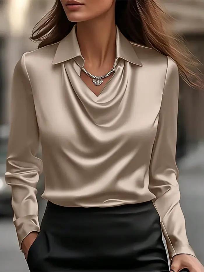 Chemise élégante en satin à col en V - Haut élégant à manches longues pour femme, idéal pour les ten