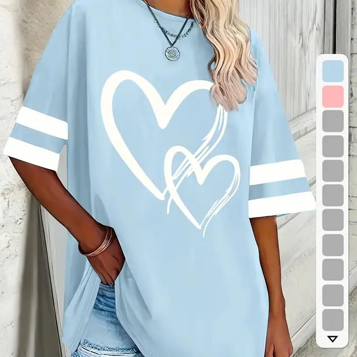 T-Shirt imprimé à rayures en forme de cœur pour femmes, grande taille, hauts décontractés à manches 