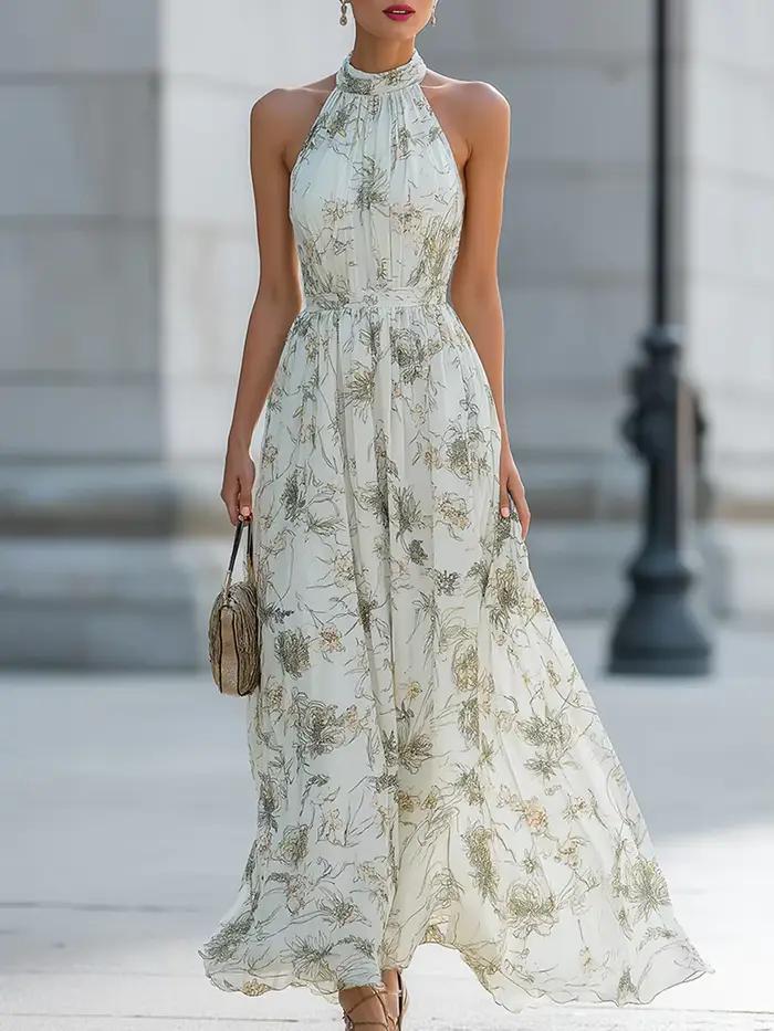 Robe longue maxi à imprimé floral et col halter pour femme, taille haute, coupe évasée, idéale pour 