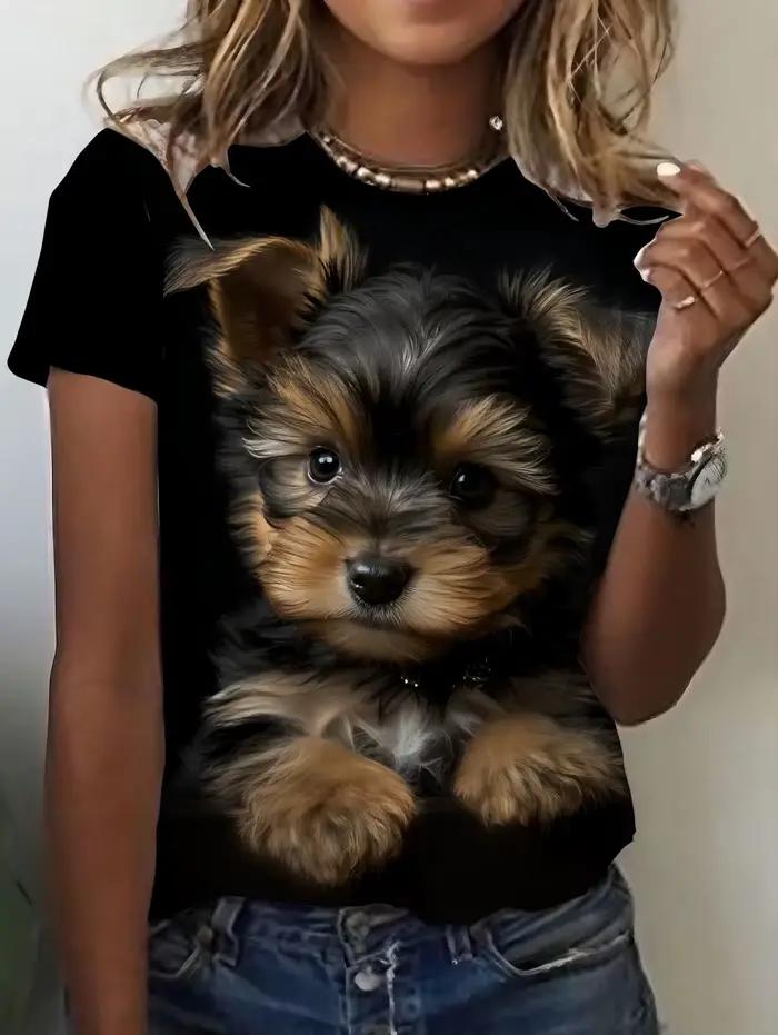T-shirt tendance 2026 pour femme, imprimé graphique 3D chien, respirant, col rond, manches courtes, 