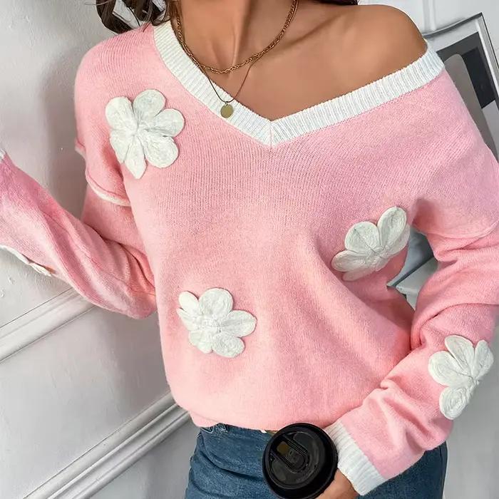 2025 nouveau Style à manches longues col en v pull rose à fleurs pour les femmes